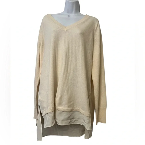 Vince Wool Cashmere Sweater Womens Ivory Silk Shirttail V Neck Lightweight XL - Picture 1 of 3